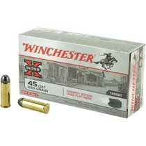 Winchester Super-X Ammunition - 45 Long Colt - 250 Grain Lead Flat Nose - 50 Rounds - Brass Case Winchester Super-X Ammunition - 45 Long Colt - 250 Grain Lead Flat Nose - 50 Rounds - Brass Case