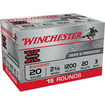 Winchester Super X Ammunition - 20 Gauge - 2 3/4" - 3 Buck 20 Pellets - 15 Rounds Winchester Super X Ammunition - 20 Gauge - 2 3/4" - 3 Buck 20 Pellets - 15 Rounds