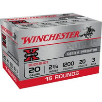 Winchester Super X Ammunition - 20 Gauge - 2 3/4" - 3 Buck 20 Pellets - 15 Rounds
