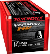 Winchester Varmint HV Ammunition - 17 HMR - 17 Grain Polymer Tip - 50 Rounds - Brass Case Winchester Varmint HV Ammunition - 17 HMR - 17 Grain Polymer Tip - 50 Rounds - Brass Case
