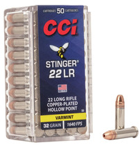 CCI Stinger Ammunition - 22 Long Rifle - 32 Grain Copper Plated Hollow Point - 50 Rounds - Nickle Plated Brass Case CCI Stinger Ammunition - 22 Long Rifle - 32 Grain Copper Plated Hollow Point - 50 Rounds - Nickle Plated Brass Case