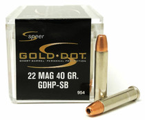 Speer Gold Dot Ammunition - 22 Win Mag - 40 Grain Gold Dot Hollow Point - 50 Rounds - Nickel Plated Brass Case Speer Gold Dot Ammunition - 22 Win Mag - 40 Grain Gold Dot Hollow Point - 50 Rounds - Nickel Plated Brass Case