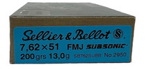 Sellier & Bellot Subsonic Ammunition - 7.62x51 MM - 200 Grain Full Metal Jacket - 20 Rounds Sellier & Bellot Subsonic Ammunition - 7.62x51 MM - 200 Grain Full Metal Jacket - 20 Rounds