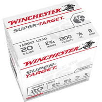 Winchester Super Target Ammunition - 20 Gauge - 2 3/4" - 2 1/2 DR. EQ. - 8 Shot - 7/8 Oz. - 25 Rounds Winchester Super Target Ammunition - 20 Gauge - 2 3/4" - 2 1/2 DR. EQ. - 8 Shot - 7/8 Oz. - 25 Rounds
