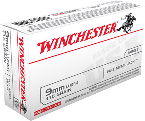 Winchester USA Ammunition - 9MM Luger - 115 Grain Full Metal Jacket - 500 Rounds -Brass Case