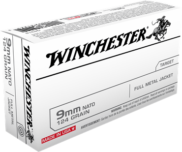 Winchester NATO Ammunition - 9MM Luger - 124 Grain Full Metal Jacket - 500 Rounds - Brass Case