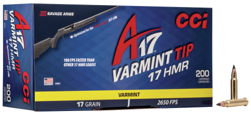 CCI A17 Ammunition - 17 HMR - 17 Grain Varmint Tip - 200 Rounds - Brass Case