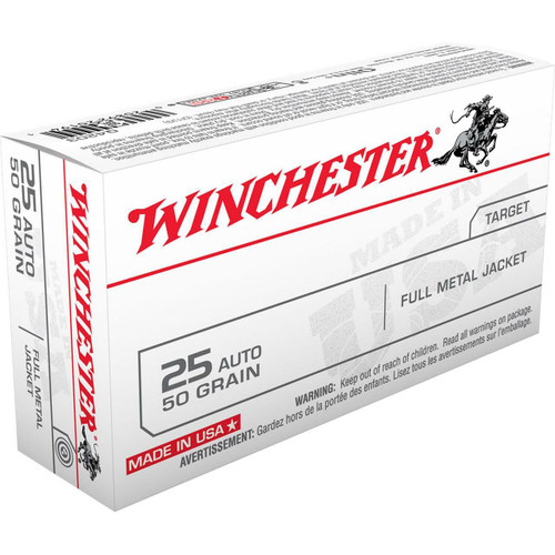 Winchester Ammunition - 25 Auto - 50 Grain Full Metal Jacket - 50 Rounds - Brass Case