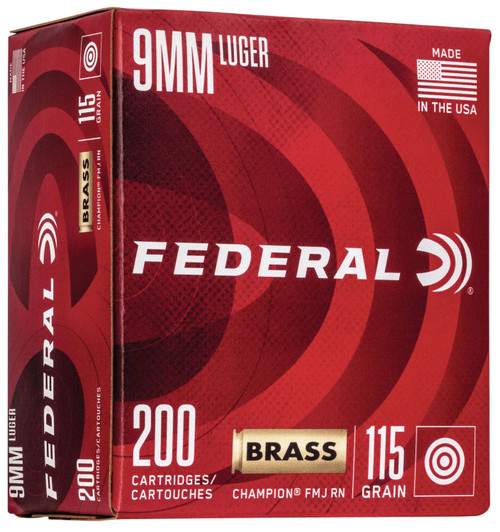 Federal Ammunition - 9 MM Luger - 115 Grain Full Metal Jacket - 200 Rounds - Brass Case
