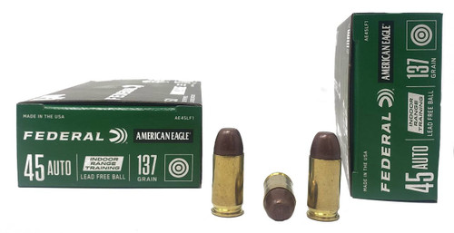 Federal American Eagle Ammunition - 45 Auto - 137 Grain Lead Free Ball - 50 Rounds - Brass Case