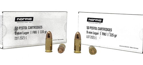 Norma Range & Training Ammunition - 9 MM Luger - 115 Grain Full Metal Jacket - 50 Rounds - Brass Case