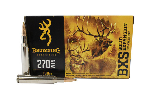 Browning Ammunition - 270 Winchester - 130 Grain BXS Solid Expansion (Lead Free) - 20 Rounds - Nickel Plated Brass Case