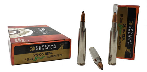 Federal Premium Ammunition - 25-06 Remington - 117 Grain Sierra Boat Tail Soft Point - 20 Rounds - Nickel PlatedBrass Case Federal Premium Ammunition - 25-06 Remington - 117 Grain Sierra Boat Tail Soft Point - 20 Rounds - Nickel PlatedBrass Case