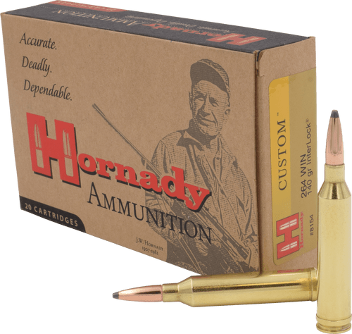 Hornady Custom Ammunition - 264 Winchester Mag - 140 Grain InterLock Soft Point - 20 Rounds - Brass Case