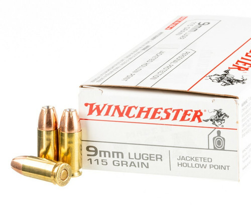 Winchester Ammunition - 9 MM Luger - 115 Grain Jacketed Hollow Point - 50 Rounds - Brass Case