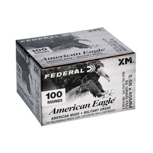 Federal American Eagle Ammunition - 5.56x45 MM NATO - 55 Grain Full Metal Jacket - 100 Rounds - Brass Case