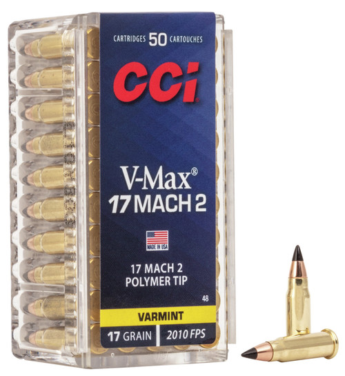 CCI Ammunition - 17 Mach 2 - 17 Grain V-Max Polymer Tip - 50 Rounds - Brass Case