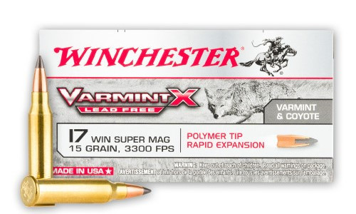 Winchester Super-X Ammunition - 17 Winchester Super Mag - 15 Grain Polymer Tip (Lead Free) - 50 Rounds - Brass case