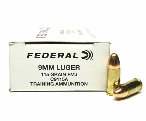 Federal Training Ammunition - 9 MM Luger - 115 Grain Full Metal Jacket - 50 Rounds - Brass Case