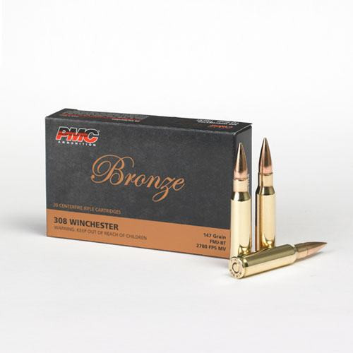 PMC Bronze Ammunition - 308 Winchester - 147 Grain Full Metal Jacket Boat Tail - 20 Rounds - Brass Case