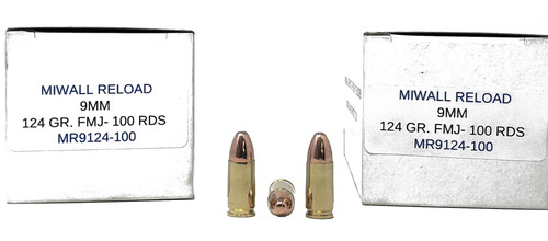 Miwall Reload Ammunition - 9 MM Luger - 124 Grain Full Metal Jacket - 100 Rounds - Brass Case