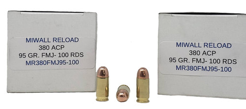 Miwall Reload Ammunition - 380 Auto - 95 Grain Full Metal Jacket - 100 Rounds - Brass Case