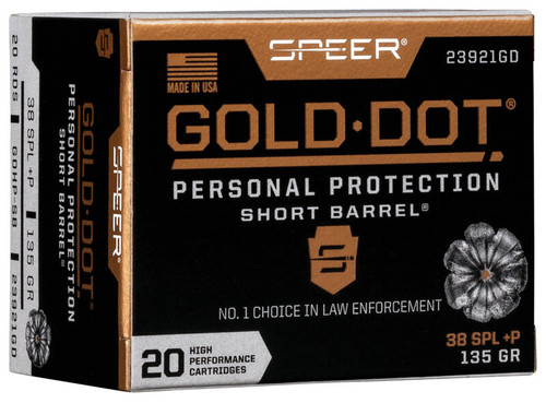 Speer Gold Dot Ammunition - 38 Special +P - 135 Grain Gold Dot Hollow Point Short Barrel - 20 Rounds - Nickel Plated Brass Case