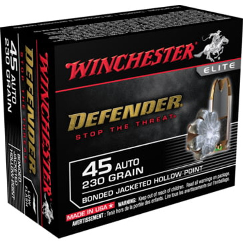 Winchester Defender Ammunition - 45 Auto - 230 Grain Bonded Jacket Hollow Point - 20 Rounds - Nickel Plated Brass Case