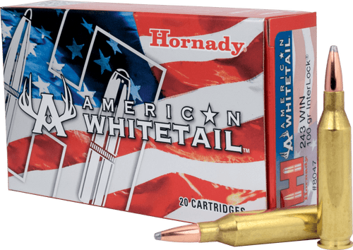 Hornady American Whitetail Ammunition - 243 Winchester - 100 Grain Interlock - 20 Rounds - Brass Case