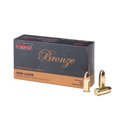 PMC Bronze Ammunition - 9 MM Luger - 115 Grain Full Metal Jacket - 50 Rounds - Brass Case