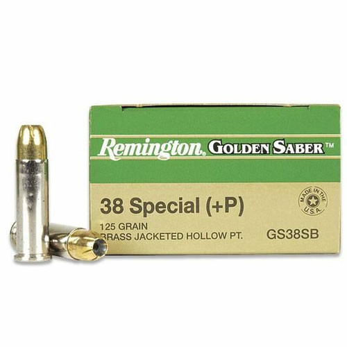 Remington Golden Saber Ammunition - 38 Special +P - 125 Grain Brass Jacketed Hollow Point - 25 Rounds - Nickel Plated Brass Case
