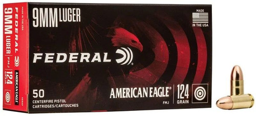 Federal AE Ammunition - 9MM - 124 Grain Full Metal Jacket - 50 Rounds - Brass Case