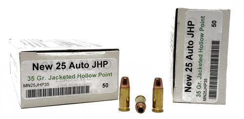 Miwall New Ammunition - 25 ACP - 35 Grain Jacketed Hollow Point - 50 Rounds - Brass Case