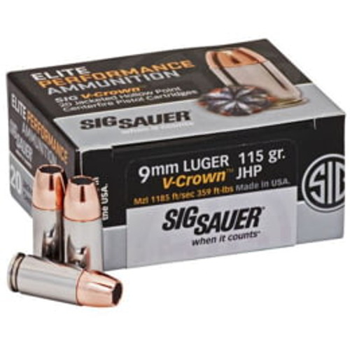 Sig Sauer Ammunition - 9 MM Luger - 115 Grain V-Crown Jacketed Hollow Point - 20 Rounds - Nickel Plated Brass Case