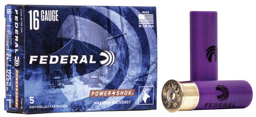 Federal Power-Shok Ammunition - 16 Gauge - 2 3/4" - 1 Buck - 12 Pellets - 5 Rounds