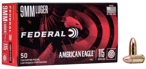 Federal AE Ammunition - 9 MM Luger - 115 Grain Full Metal Jacket - 50 Rounds - Brass Case