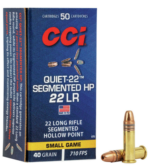 CCI Quiet Ammunition - 22 Long Rifle - 40 Grain Segmented Hollow Point - 50 Rounds - Brass Case