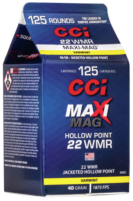 CCI Maxi-Mag Ammunition - 22 Magnum - 40 Grain Jacketed Hollow Point - 125 Rounds - Brass Case