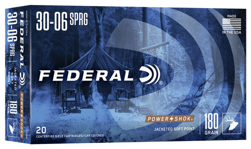 Federal Power-Shok Ammunition - 30-06 Springfield - 180 Grain Jacketed Soft Point - 20 Rounds - Brass Case