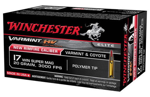 Winchester Varmint Ammunition - 17 Winchester Super Magnum - 20 Grain Polymer Tip - 50 Rounds - Brass Case