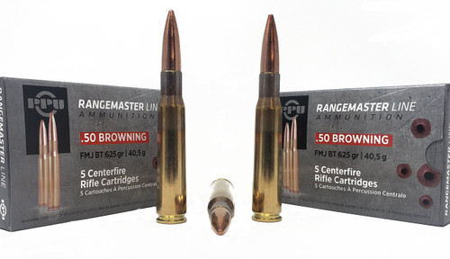 Prvi RangeMaster Ammunition - 50 BMG - 625 Grain Full Metal Jacket - 5 Rounds - Brass Case