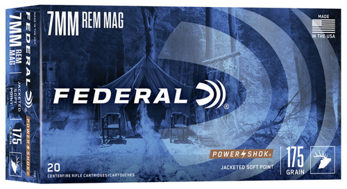 Federal Power-Shok Ammunition - 7 MM Remington Magnum - 175 Grain Jacketed Soft Point - 20 Rounds - Brass Case