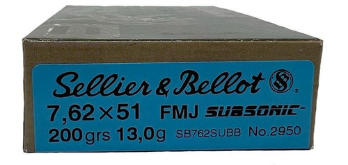 Sellier & Bellot Subsonic Ammunition - 7.62x51 MM - 200 Grain Full Metal Jacket - 20 Rounds