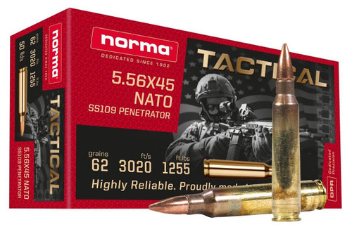 Norma Tactical Ammunition - 5.56x45 MM NATO - 62 Grain SS109 Full Metal Jacket - 50 Rounds - Brass Case