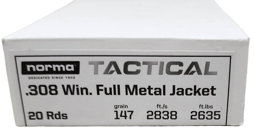 Norma Tactical Ammunition - 308 Winchester - 147 Grain Full Metal Jacket - 20 Rounds - Brass Case