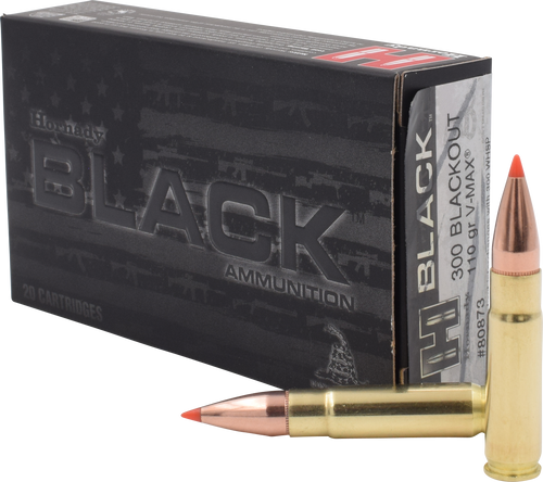 Hornady 300 Blackout 110 Grain V-Max Black - 200 Rounds - Brass Case Hornady 300 Blackout 110 Grain V-Max Black - 200 Rounds - Brass Case