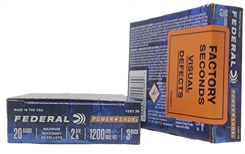 Federal Power Shok Ammunition - 20 Gauge - 2 3/4" - 3 Buck - 20 Pellets - 5 Rounds - FACTORY SECONDS