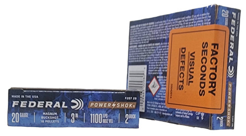 Federal Power Shok Ammunition - 20 Gauge - 3" - 2 Buck - 18 Pellets - 5 Rounds - FACTORY SECONDS