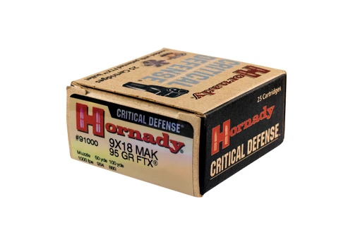 Hornady Critical Defense 9x18mm Makarov  95 Grain FTX - 250 Rounds - Brass Case