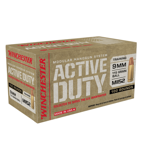 Winchester Active Duty MHS Ammunition - 9mm M1152 - 115 Grain Full Metal Jacket Flat Nose - 500 Rounds - Brass Case